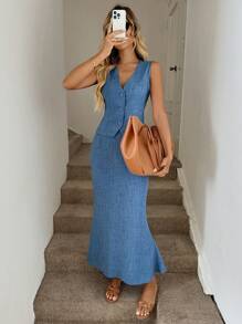 Easowa 2 Pieces Women Summer Casual Blue Vest Top And Long Skirt Set, Suitable For Daily Casual Outing, Commute, And Retro Style Old Money Style - Blue - View 6