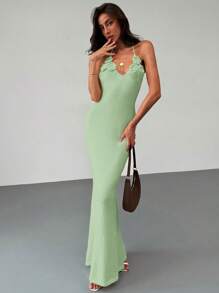 Aloruh Apricot Backless Summer Knitted Dress With Tie Up Neck, Slim Fit Holiday & Date Night Dress For Women