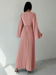 Firerie 优雅时尚浪漫时尚端庄褶皱高腰超长袖蓝色A字连衣裙 - 藕粉色 - 查看 6