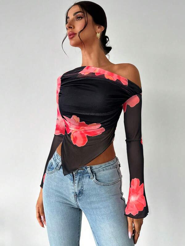 Firerie Women Elegant Design Dip Dye Gradient Print Asymmetrical Hem Off Shoulder Long Sleeve T-Shirt
