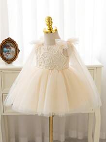 Baby Girl Lace Tulle Vacation Dress, Flower Girl Wedding Party Puff, Champagne Color, Bowknot Decor Fall Winter - Champagne - View 5