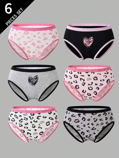 Tween Girl 6 件装纯棉复古心形格子印花内裤