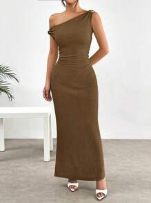 SHEIN EZwear Summer Jacquard Knit Metal Buckle Decor Oblique Shoulder Long Dress - Brown - View 7