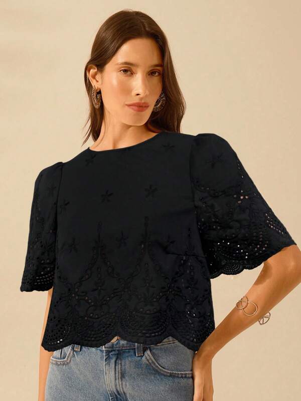 CAJUNI Women's Lace Hollow Short Top With Shoulder Ruching, Vacation Casual