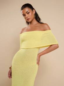 COSMINA 1pc Women's Elegant Solid Color Off-Shoulder Maxi Knit Dress Fall Dresses - Yellow - View 4