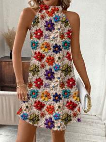 SHEIN Clasi Crochet Lace Print Halter Neck Women's Dress, Suitable For Summer Beach Wear Women's Summer Clothes Summer Outfits For Women Country Outfits Women  Floral Summer Dress Women Flower Print Dress Colorful Flower Dress Summer Dresses For Vacation Sundresses For Women,Boho Clothes Women Suitable For Going Out