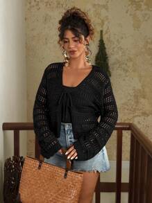 SHEIN VCAY Plus Size Solid Color Hollow Out Short Knit Black Cardigan Y2k Black Summer Top Crochet Tops For Women Eyelet Top For Women Knit Top Summer Tops Going Out Tops Women Crochet Streetwear Tie Front Top Mesh Back To School In Fall/Winter, For Woman