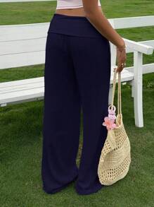 SHEIN EZwear Women's Casual Navy Blue Wide Leg High Waist Trousers - Navy Blue - View 2