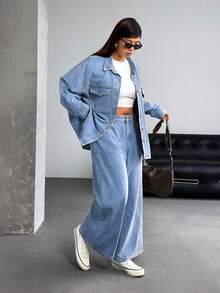 SHEIN ICON Plus Size Women Loose Fit Distressed Denim Jacket - Light Wash - View 8