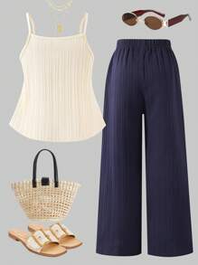 SHEIN 2 件套春夏青少年女孩休闲甜美可爱纹理褶皱宽松背心和阔腿裤套装，适合日常通勤、度假、休闲装 - 杏色 - 查看 2