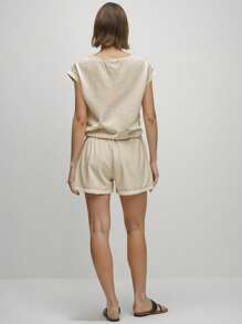 Airaco 2pcs/Set Women Summer Casual Batwing Sleeve Top And Elastic Waist Paper Bag Pocket Shorts, Daily Wear - Khaki - View 2