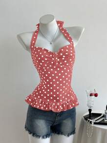 Elamini 甜美波点蝴蝶结前襟荷叶边露背系带吊带背心（女款） - 紅色 - 查看 3