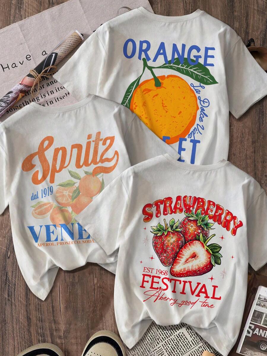 夏季水果图案T恤、草莓T恤、女士“Good Time”字母印花T恤、意大利文字印花T恤、阿佩罗开胃酒、普罗塞克起泡酒、苏打水、橙子印花T恤、柑橘印花T恤、度假装、复古水果T恤