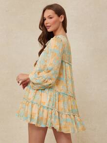 WESTFADE Summer Tie Neck Ruffle Long Sleeve Babydoll Mini Dress Beach Vacation - Multicolor - View 3