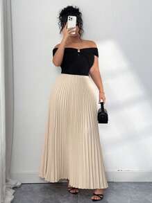 Elenzga Große Größen Elegantes plissiertes Farbblock-Kleid, Off-Shoulder für Damen, Off-Shoulder