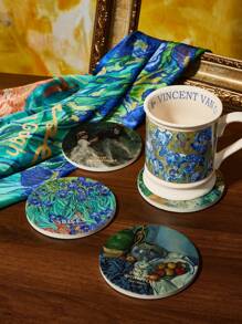 SHEIN Touch of Art Bộ 4 miếng lót cốc, miếng lót cốc bằng gốm thấm nước, dùng để bảo vệ mặt bàn, trang trí bàn cà phê, rất thích hợp để trang trí nhà cửa và làm quà tặng khi chuyển nhà, Vincent Van Gogh - Nhiều màu - Xem 2