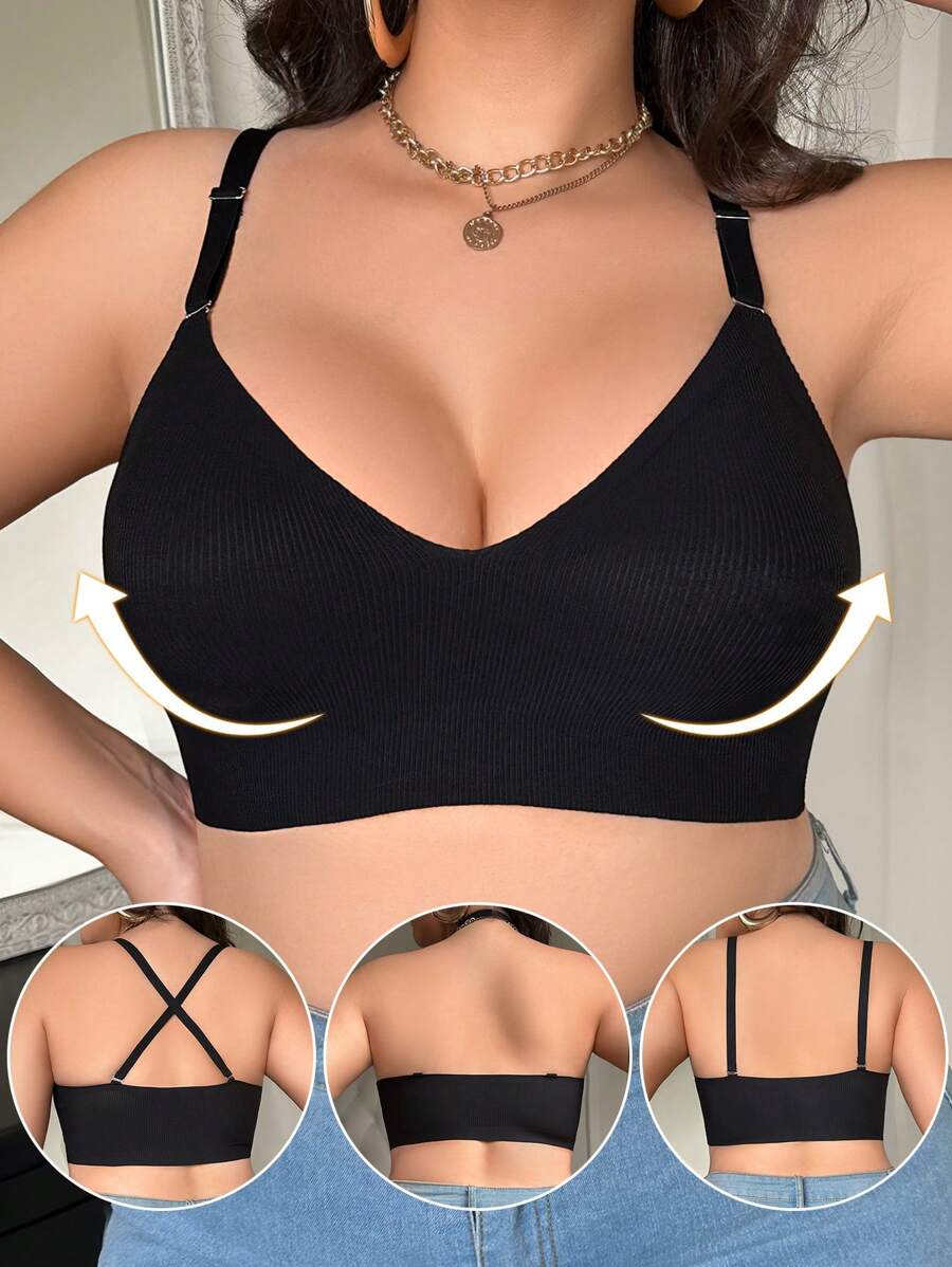 SHEIN Áo ngực liền mạch cỡ lớn cho nữ, áo ngực cổ chữ V nâng ngực không dây, vải gân thông thường, mềm mại và thoải mái, nâng ngực - màu đen - Xem 1