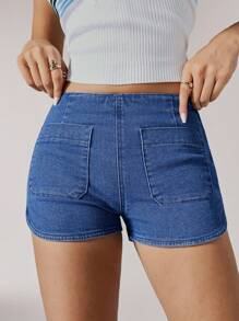 SHEIN EZwear 女式休闲口袋紧身牛仔短裤 - 淺色水洗藍 - 查看 4