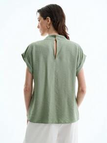 Aalyst Elegant & Minimalist Mint Green Folded Sleeve Blouse Shirt, Twist Neckline Open Window Design, Loose Casual & Commute Wear