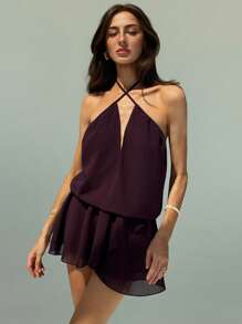 Aloruh 夏季假期交叉带深 V 露背 A 字迷你吊带连衣裙，女士款 - 黃色 - 查看 4