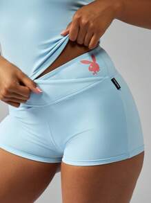 Missguided x Playboy High Performance Compression Booty Shorts Gym Dance Fitness Hotpants - Blue - View 1