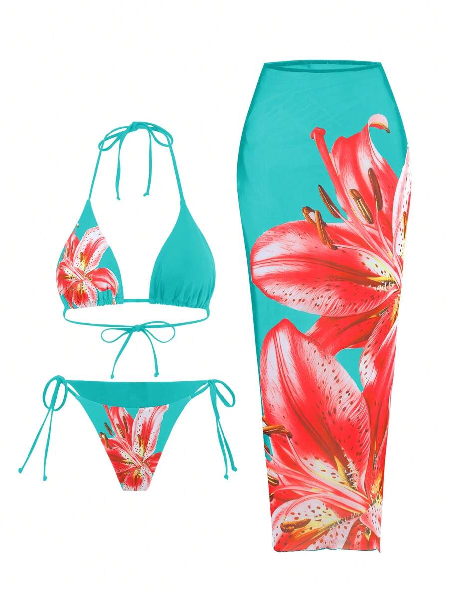 Swim Oasis 2025 休闲度假细肩带三角比基尼上衣、侧系带三角下装和长网纱裙女士夏季泳装三件套 - 彩色 - 查看 1