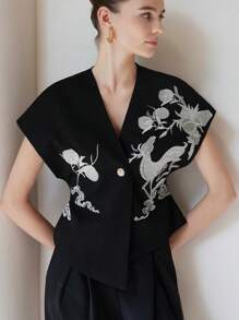 Aveloria Modichic Women Top With Fashionable Design, Embroidery Detail, Waist-Cinching, Asymmetric Hemline - Black - View 4