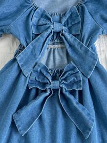 SHEIN Vintaside Kids 女童夏季方领泡泡袖时尚高端大方牛仔连衣裙，适合派对、家庭聚会、学校活动 - 藍色 - 查看 6