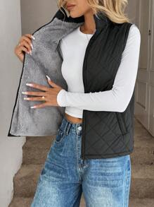 Easowa 秋冬拉链泰迪熊衬里背心绗缝大衣 - 黑色 - 查看 6