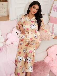 2 件套女士卡通可爱猫心棒棒糖睡衣套装，秋季衣服