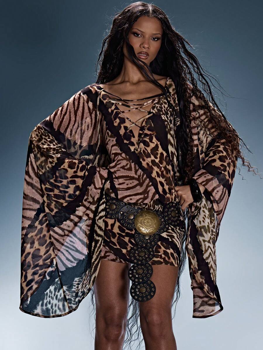 Musera Resort Backless Tie Mini Beach Dress Drape Sleeves Summer Sexy Festival Holiday Ibiza Rave Boho Beach Cover Up Swim Vacation Escapade Party Spring Carnival Festival - Multicolor - View 1