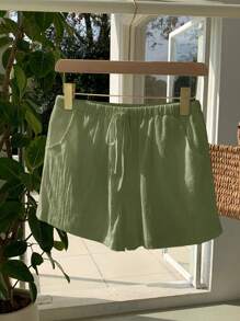 SHEIN EZwear 素色腰上打結闊腿短褲 - 綠色 - 查看 5