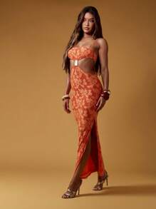 MISSGUIDED Maxikleid mit Ausschnitten, bodenlang, ärmelos, figurbetonend, Abendkleid mit goldenen Metallschnallen, formelle Party und Gelegenheitskleidung