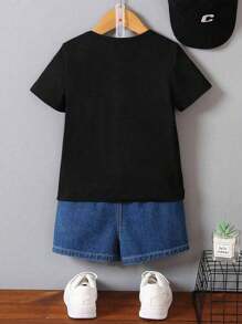 SHEIN Young Boy Casual Fashion Comfortable Minimalist Letter Cartoon Airplane & Crocodile Graphic Short Sleeve Round Neck T-Shirt Top, Summer