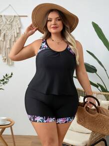 SHEIN CURVE+ Plus Size Women Solid Color Patchwork Sleeveless Simple Swimsuit For Summer Beach Vacation - Black - View 5
