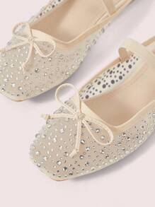 CUCCOO DOLLMOD Fashionable Women's Fully Rhinestone Mesh Bow Mary Jane Ballet Flats, Elegant Comfortable Cute Slip-On Loafers - Beige - View 8