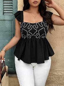 SHEIN LUNE Plus Size Vacation Casual Embroidered Waist Shirt - Black - View 4