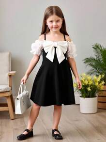 Young Girl Color Block Bowknot Camisole Bodycon Dress - Black and White - View 6