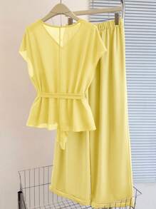 Franclia Women's Casual Orange Short Sleeve Top And Pants 2 Pieces Set, Spring/Summer