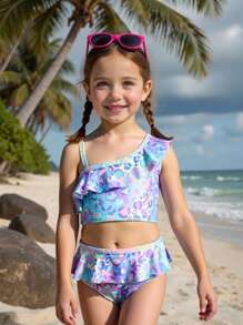 New Leopard Print Full-Width Young Girls Ruffled 2 Pieces Bikini Set - Multicolor - View 3