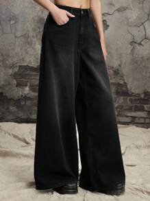 ROMWE Grunge Punk Punk Distressed Oversized Cross & Vine Printed Straight Leg Extra Long Jeans - Black - View 4