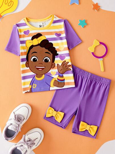 Blippi X SHEIN 年轻女孩卡通彩色条纹休闲T恤和紫色紧身短裤搭配黄色蝴蝶结装饰睡衣