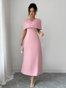 Modelyn Women's Woven Mesh Embroidered Cape Design French Elegant Dress - Pink - View 5