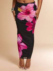 SHEIN BAE Plus Size Women's Spring/Summer Long Floral Print Fitted Mesh Skirt,4th Of July Curve,Airport Outfit Women,Fourth Of July,Birthday Outfits For Women,Club Outfits Women Sexy,Going Out,Festival Outfits For Women,Rave Outfits Festival,Sexy Outfits For Women,Classy Outfits For Women,Graduation,Beach Outfits For Woman,Hawaii Outfits Women,Vacation Outfits Woman,Beach Outfits For Woman Tropical Skirt Floral Skirt Long Floral Skirt Hibiscus Skirt Graphic Skirt