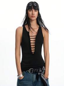 LYSMO Women's Sexy Black Hollow Line Backless Camisole Summer Top, Y2K Nightclub Party And BOHO Chic - Black - View 7