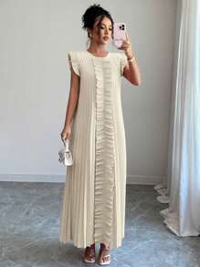 Selianne Váy midi cổ tròn xếp ly giản dị dành cho nữ - Màu be - Xem 6