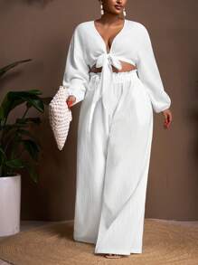 Veslaya Bộ đồ thể thao cỡ lớn đa năng, dễ phối đồ, thích hợp đi biển, gồm áo tay dài thắt nơ phía trước và quần ống rộng. - trắng - Xem 4