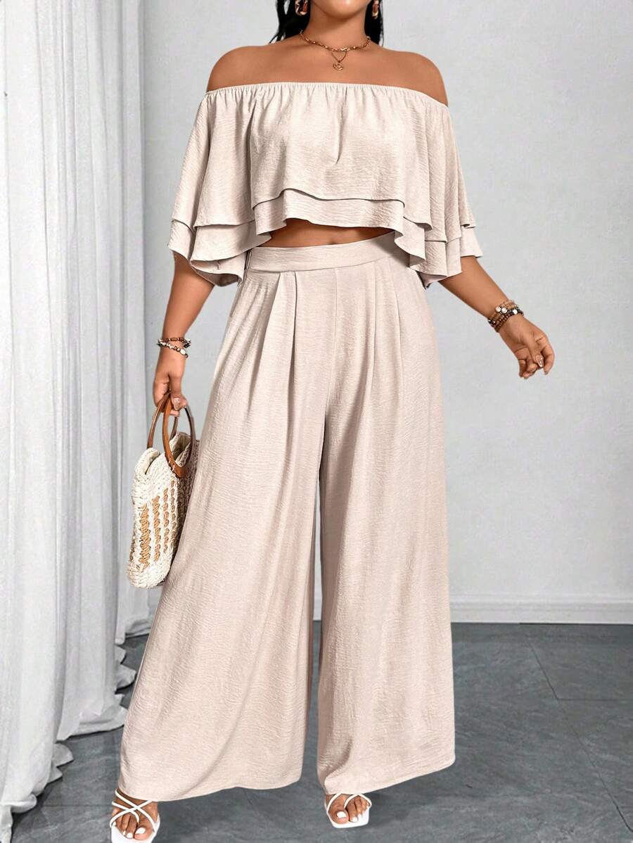 Elenzga 大码纯色双层荷叶边下摆短袖上衣，露肩设计，配阔腿裤，适合休闲度假，休闲两件套，适合夏季 - 杏色 - 查看 1