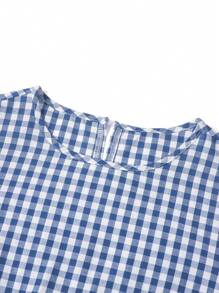 Ellevyn 女士夏季休闲度假野餐格子圆领系带腰口袋无袖宽松连衣裙，适合各种场合、休闲、通勤和旅行 - 藍白色 - 查看 4