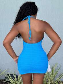 Alexandranx Mùa xuân và mùa hè phong cách mới giản dị ngày lễ thanh lịch hàng ngày hẹn hò dây đeo cổ lớn hở lưng kết cấu vải màu xanh váy bó cho phụ nữ váy ngắn-B - Màu xanh lam - Xem 2